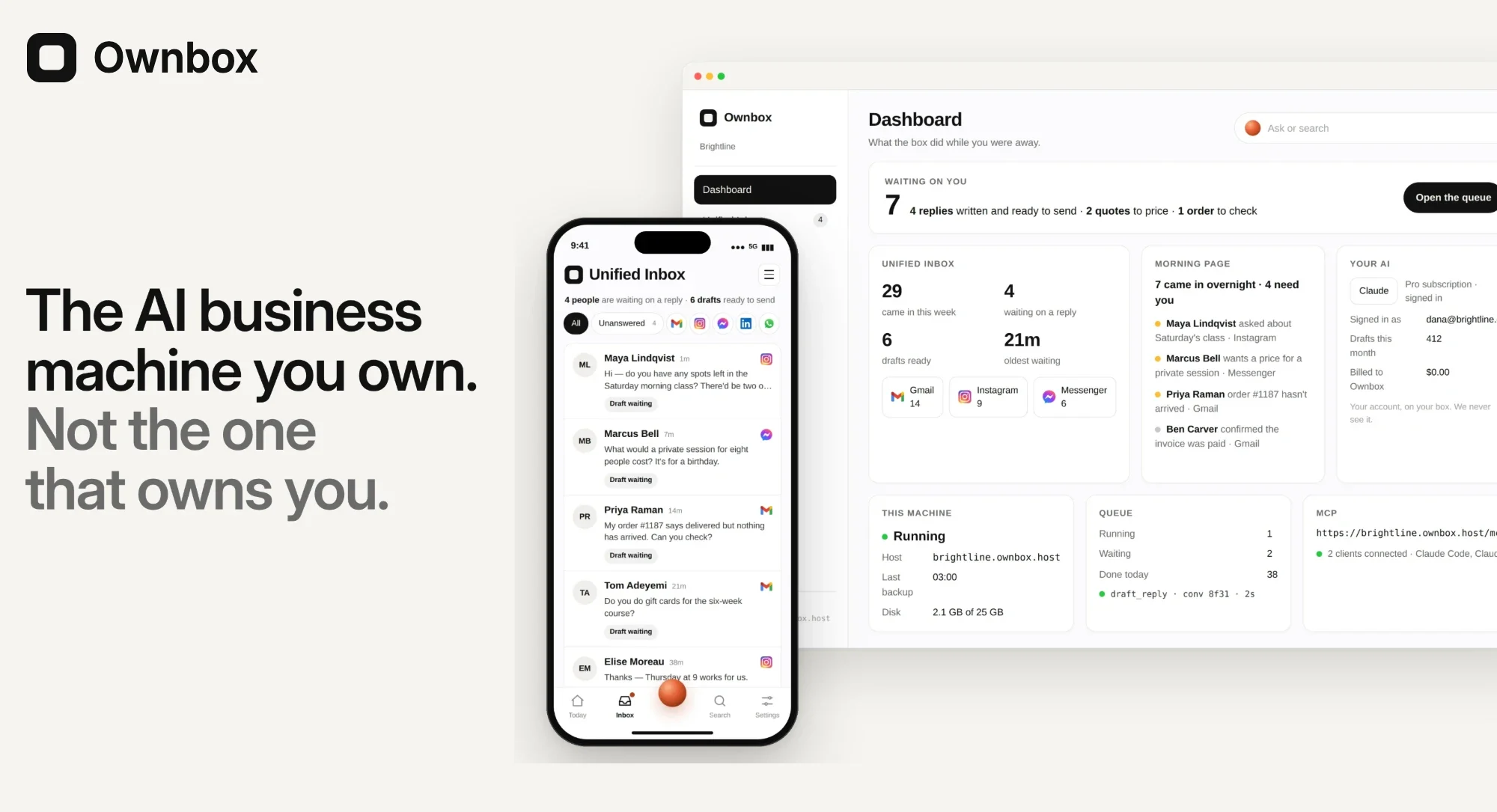 The Ownbox card: the Ownbox logo, the line "The AI business machine you own. Not the one that owns you.", a mobile app showing the Unified Inbox and a dashboard of what the box did overnight